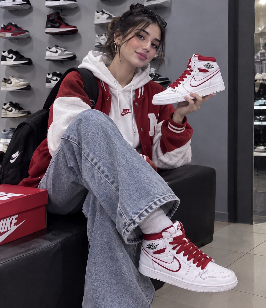 کتونی  air Jordan زنانه کف و زیره دور دوخت سفید سایه قرمز